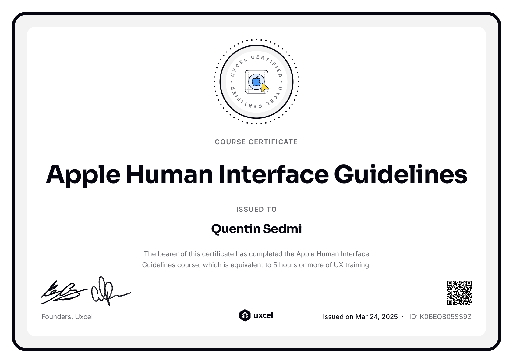 Quentin Sedmi's certificate